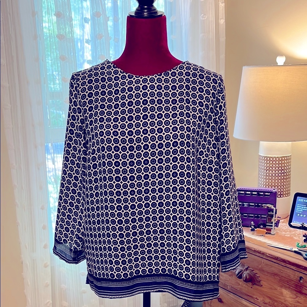 Kenar Black and White Geometric 3/4 Sleeve Blouse